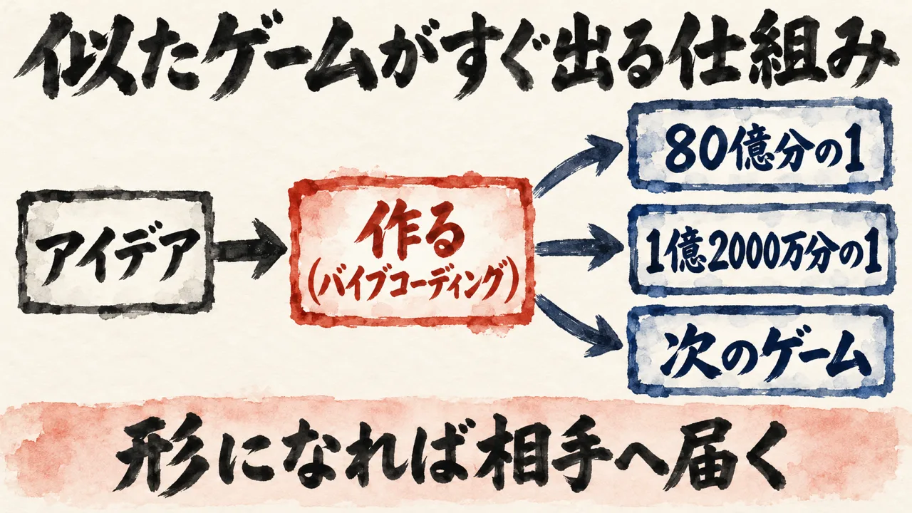図解: アイデアをバイブコーディングで作ると、似たゲームがすぐ並び、形になれば相手へ届く