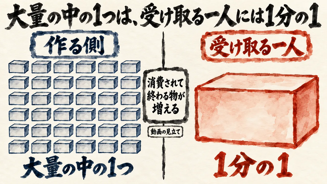 図解: 作る側から見れば大量の中の1つでも、受け取る一人には1分の1