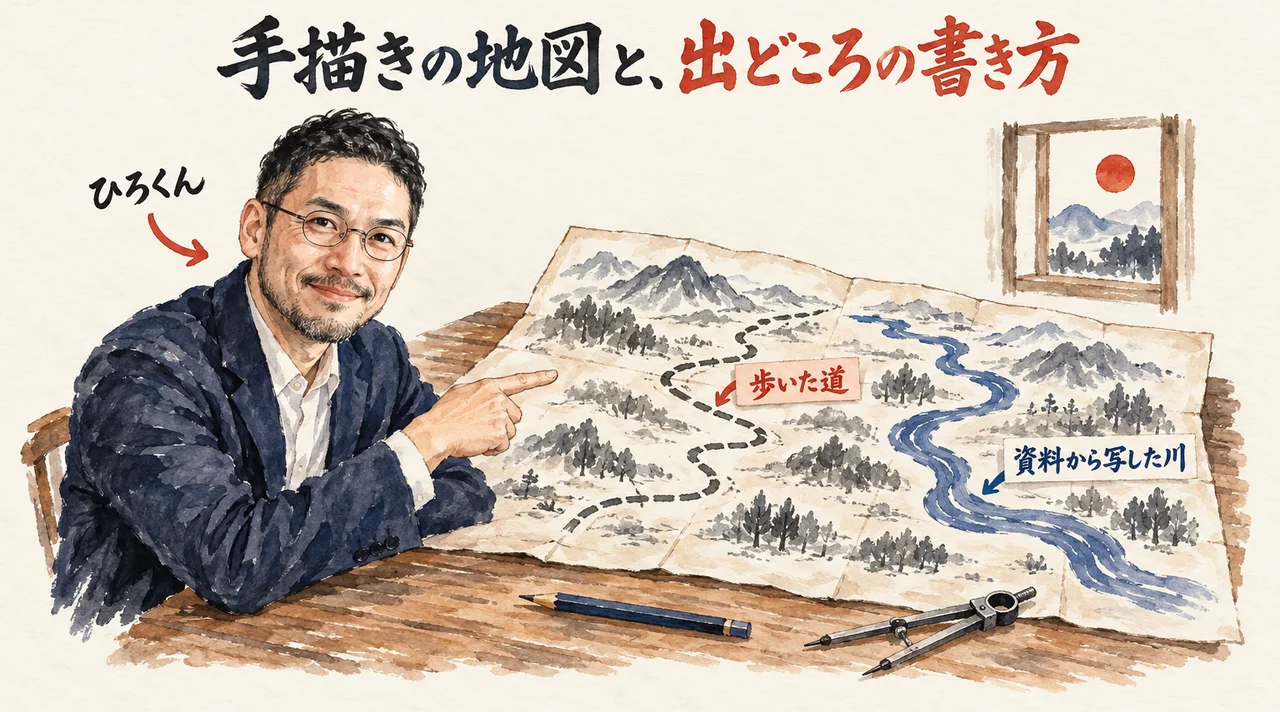 ひろくんが、机の上の手描きの地図の「歩いた道」と「資料から写した川」を指している図解