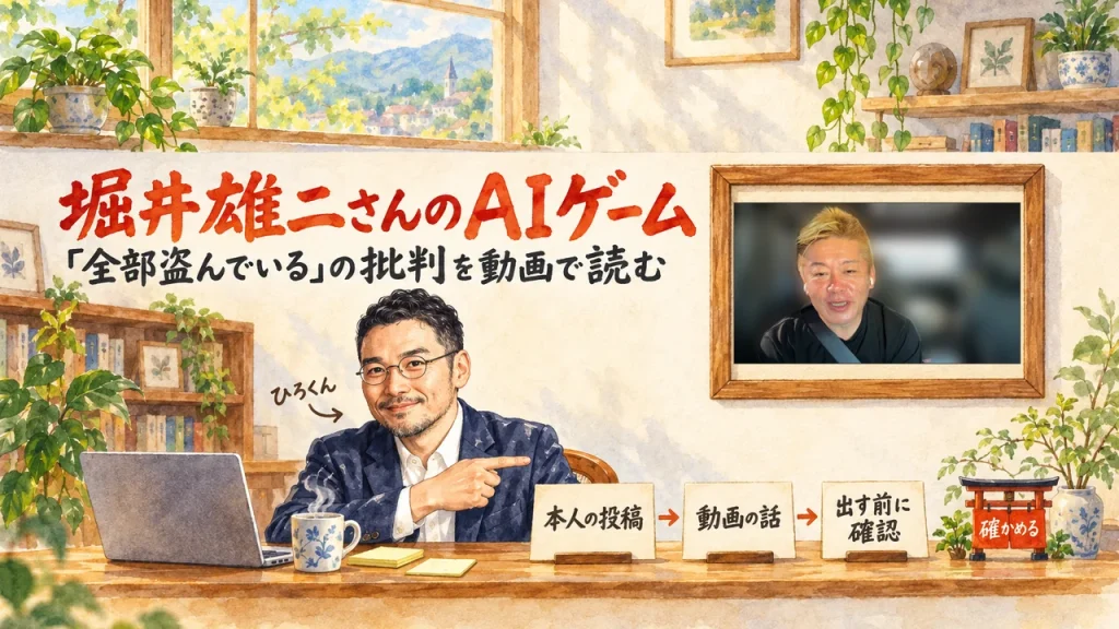 ひろくんが机の前で、本人の投稿・動画の話・出す前に確認の3枚の札を指すアイキャッチ。右上の壁に動画のサムネイル。題字は「堀井雄二さんのAIゲーム　「全部盗んでいる」の批判を動画で読む」