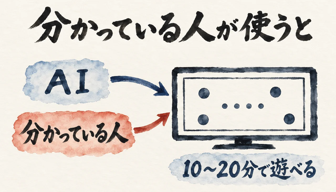 AIと「分かっている人」の2枚の札から、10〜20分で遊べるゲーム画面へ矢印が向かう図解