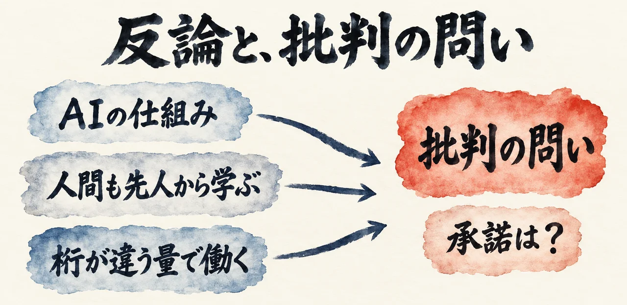 反論の3枚の札（AIの仕組み・人間も先人から学ぶ・桁が違う量で働く）から「批判の問い」の札へ矢印が向かい、その下に「承諾は？」の札がある図解