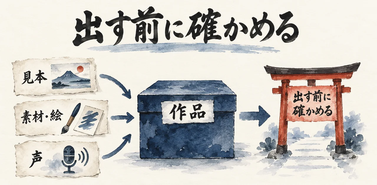 完成した作品の箱の手前に「見本」「素材・絵」「声」の札が並び、右に「出す前に確かめる」の門がある図解
