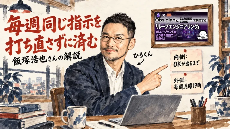 毎週同じ指示を打ち直さずに済む、と筆文字で書かれた机の前で、ひろくんが壁の付箋を指している。付箋は内側はOKが出るまで、外側は毎週月曜19時。壁に動画のサムネイル
