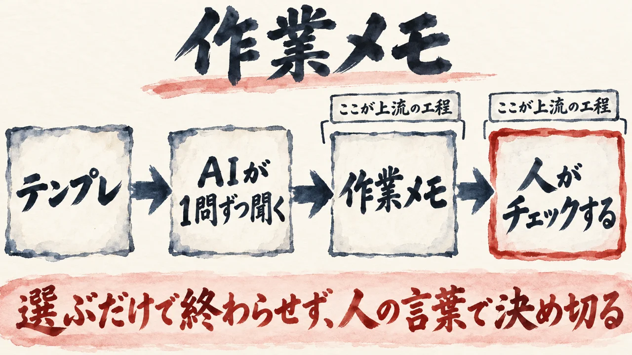 テンプレから、AIが1問ずつ聞いて作業メモを作り、人がチェックする流れと、ここが上流の工程であることを示した図解