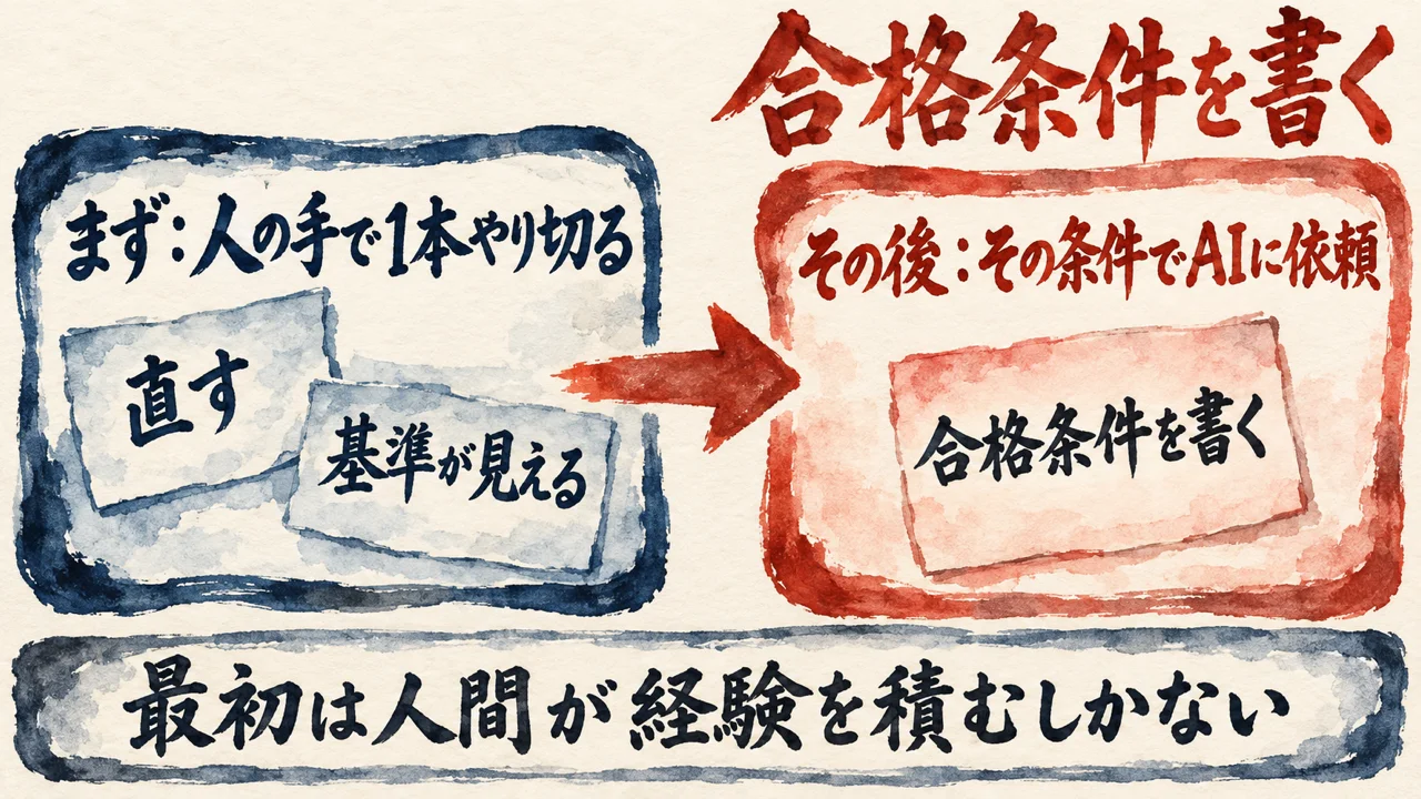 人の手で1本やり切ってから、その条件でAIに依頼する、という前後の順番を示した図解
