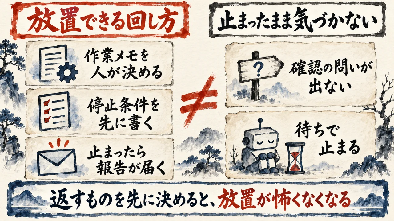 放置できる回し方と、止まったまま気づかない回し方を左右に並べた対比の図解