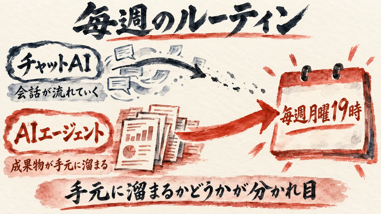 会話が流れていくチャットAIと、成果物が手元に溜まるAIエージェントを比べ、溜まるほうが毎週のルーティンにつながることを示した図解