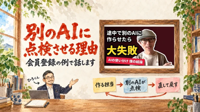 アイキャッチ: 別のAIに点検させる理由の朱色の筆文字と、作る担当・別のAIが点検・直して戻すの3枚の付箋、左下に小さく笑顔のひろくん、壁に動画のサムネイル