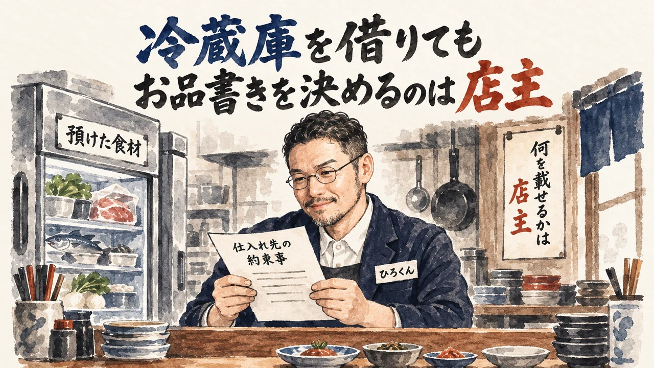 冷蔵庫を借りてもお品書きを決めるのは店主、と書かれた図解。定食屋の店主が仕入れ先の約束事の紙を読んでいる