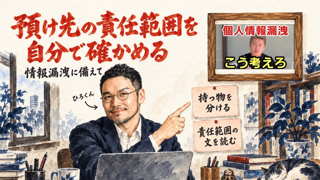 情報漏洩に備えて預け先の責任範囲を自分で確かめる、と書かれた図解と、壁の額縁に動画のサムネイルを飾ったひろくん
