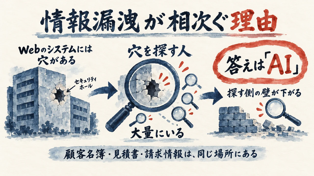 Webのシステムの穴を探す人が大量にいて、答えはAIで、探す側の壁が下がる流れを示した図解