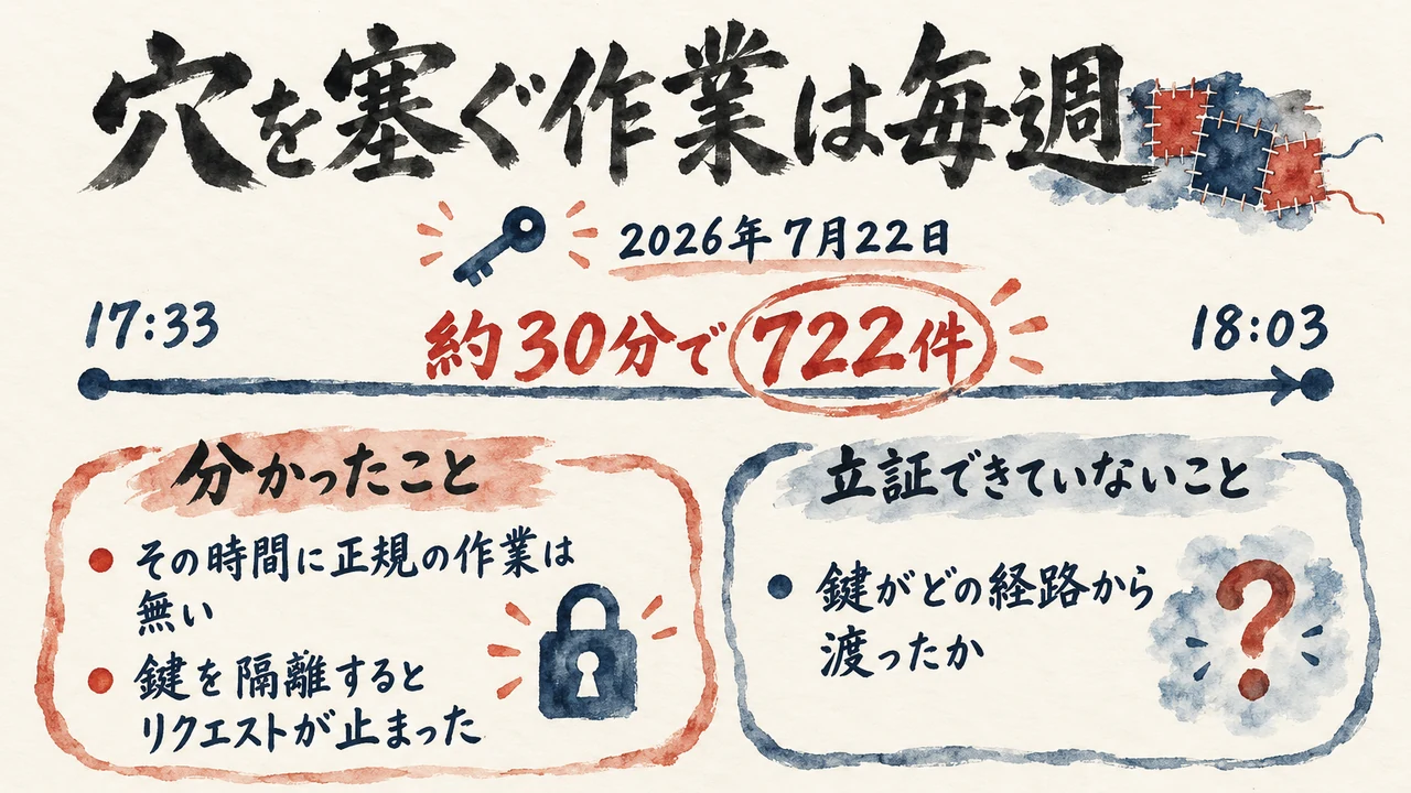 穴を塞ぐ作業は毎週続くこと。2026年7月22日の17時33分から18時03分に722件の利用があり、分かったことと立証できていないことを分けた図解
