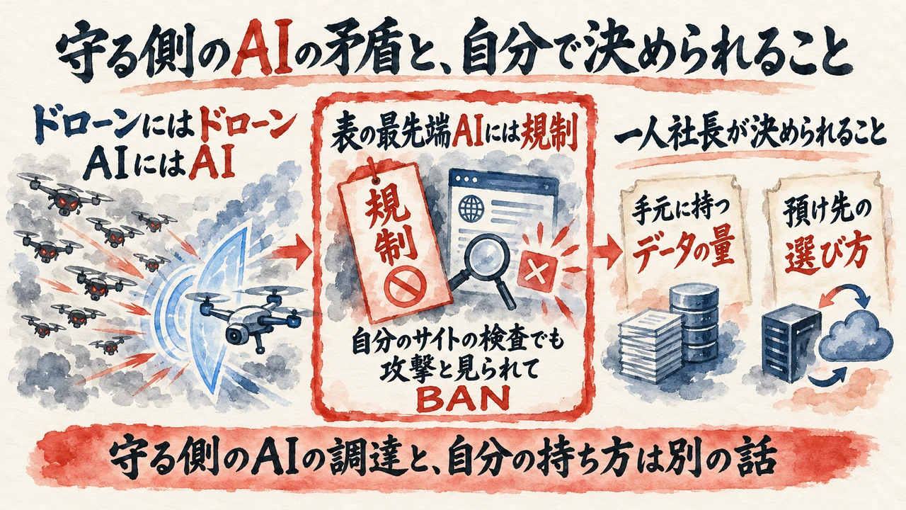 ドローンにはドローン、AIにはAI。表の最先端AIには規制があり自分のサイトの検査でも止められること。一人社長が決められるのは手元に持つデータの量と預け先の選び方、と示した図解