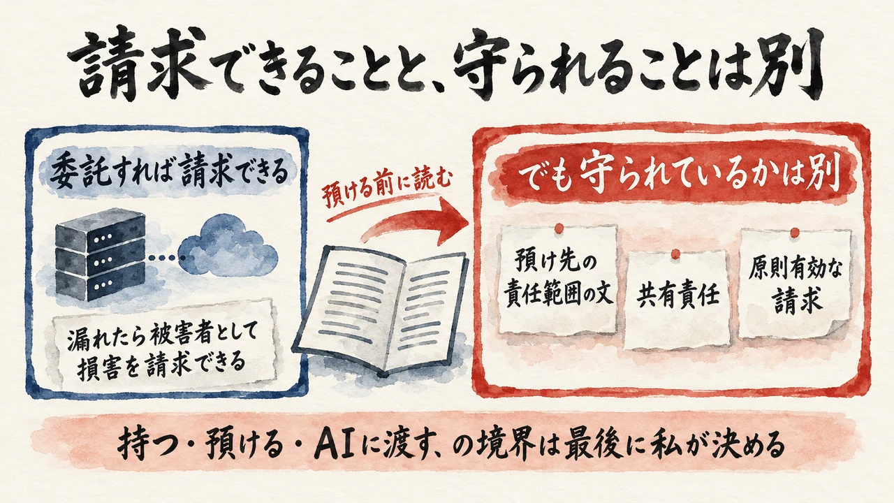 委託すれば請求できることと、守られていることは別。預ける前に責任範囲の文を読み、持つ・預ける・AIに渡すの境界は最後に私が決める図解
