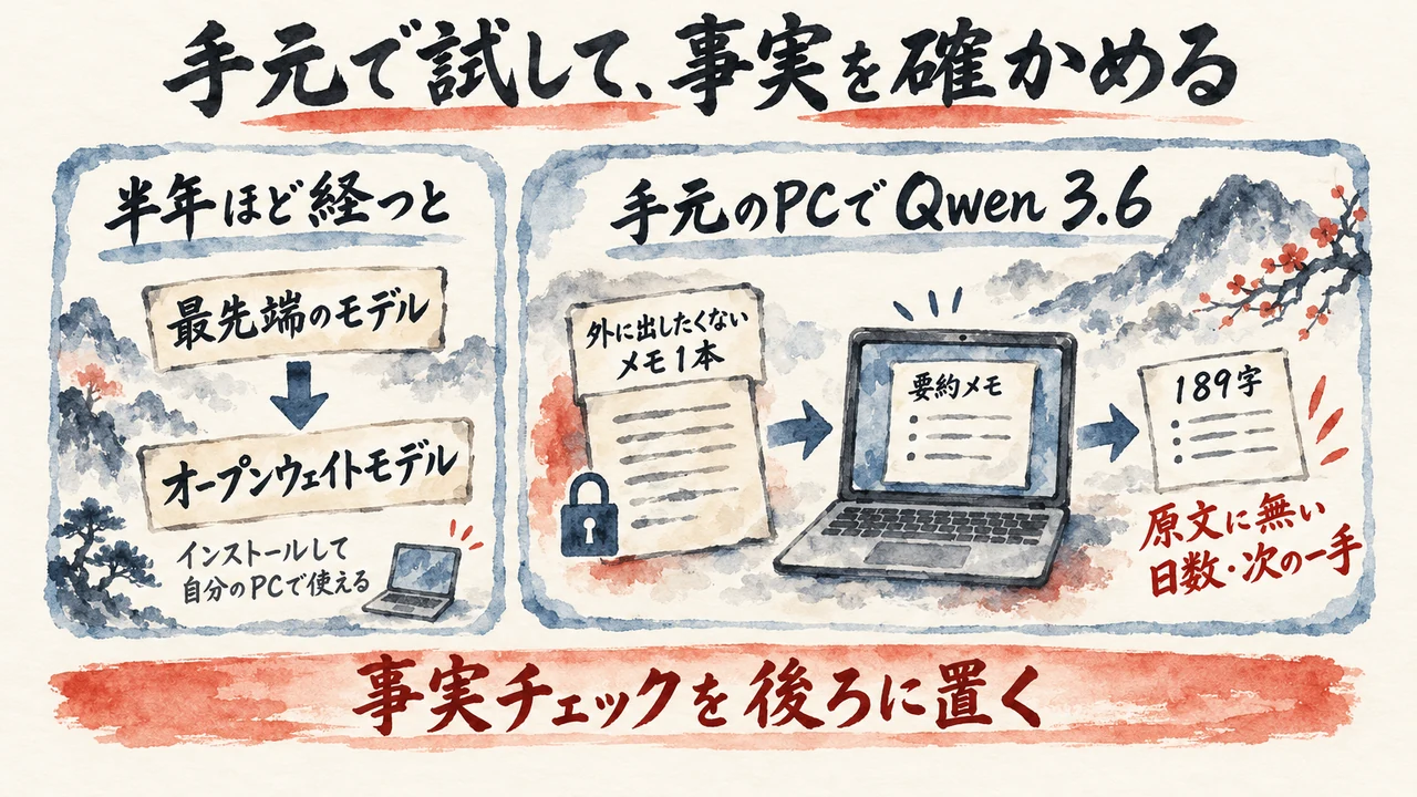 最先端のモデルから半年ほど経つとオープンウェイトモデルが開発されること。手元のPCのQwen 3.6で外に出したくないメモ1本を189字に要約し、事実チェックを後ろに置く図解