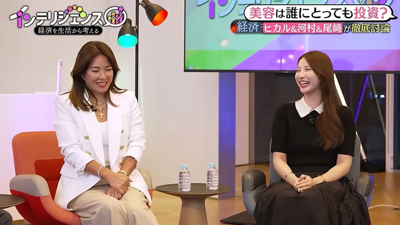 動画キャプチャ: 美容は誰にとっても投資か、のテロップが出たスタジオ（3:49頃）。出典: YouTube「インテリジェンス」