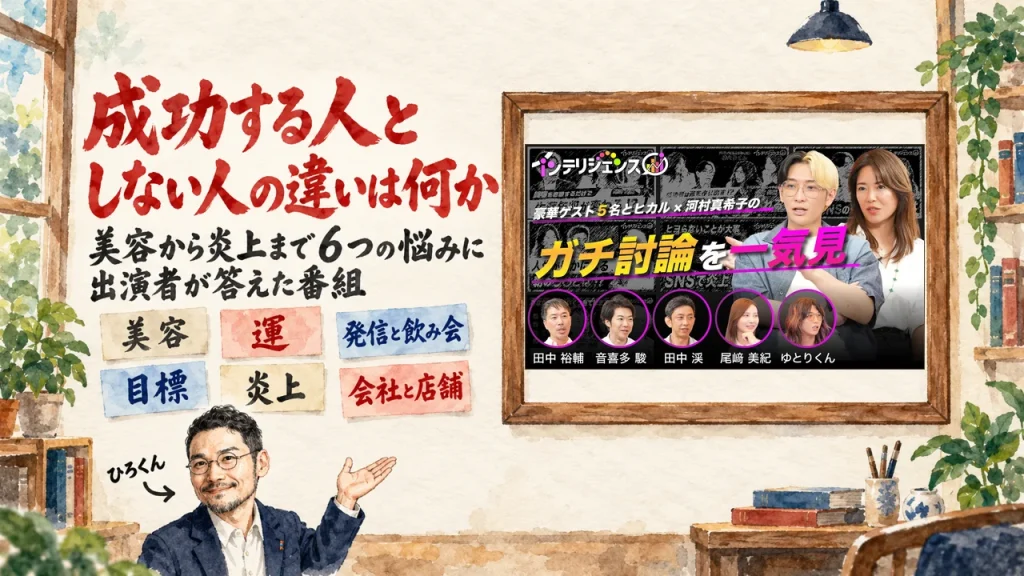 アイキャッチ: 成功する人としない人の違いは何か。左に題と6つの悩みの付箋と小さなひろくん、右の額縁にインテリジェンス総集編のサムネイル