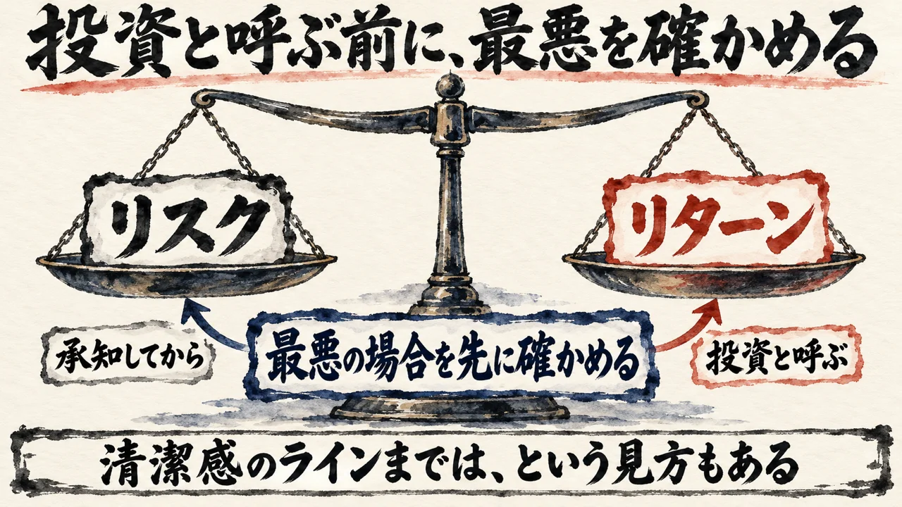 リスクとリターンの天秤。支点に最悪の場合を先に確かめる札、承知してから投資と呼ぶ順番。清潔感のラインまでという見方も添える