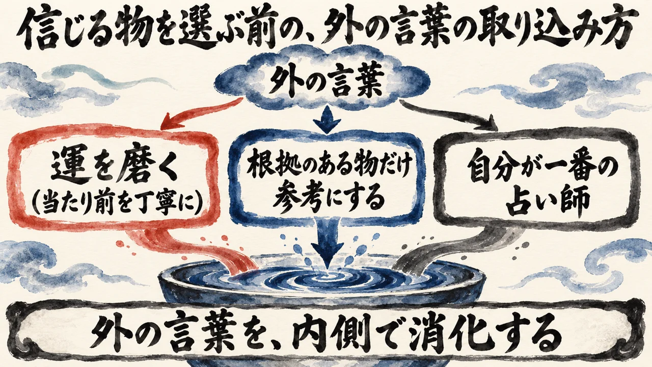 外の言葉が、運を磨く、根拠のある物だけ参考にする、自分が一番の占い師の3つの入口を通り、下の器で内側に消化される流れ