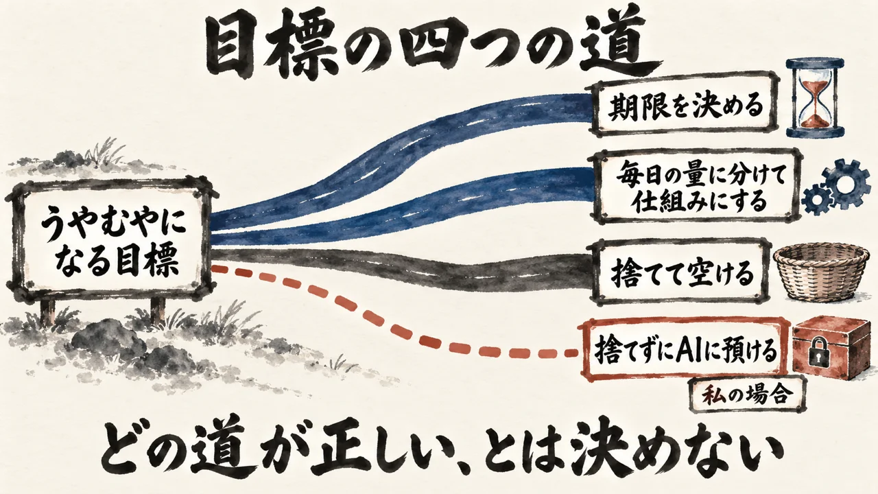 うやむやになる目標から分かれる4本の道。期限を決める、毎日の量に分けて仕組みにする、捨てて空ける、捨てずにAIに預ける