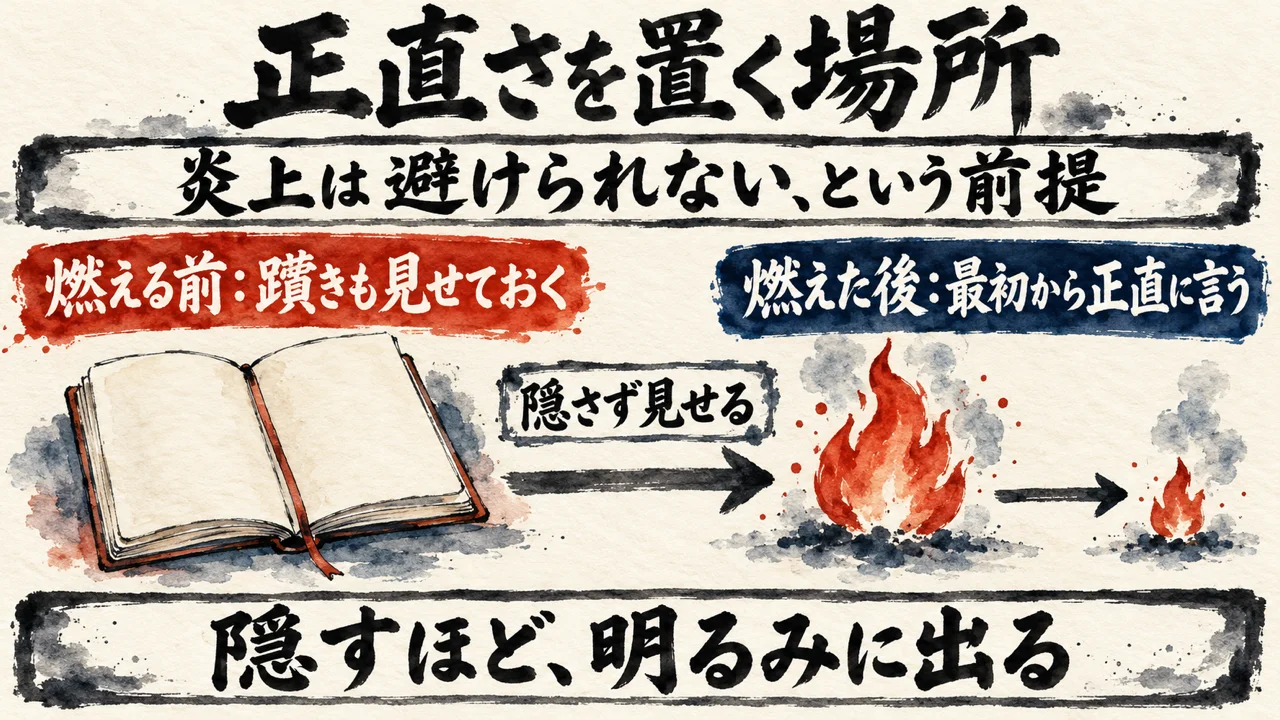 炎上は避けられないという前提の下で、燃える前は躓きも見せておき、燃えた後は最初から正直に言う。隠すほど明るみに出る