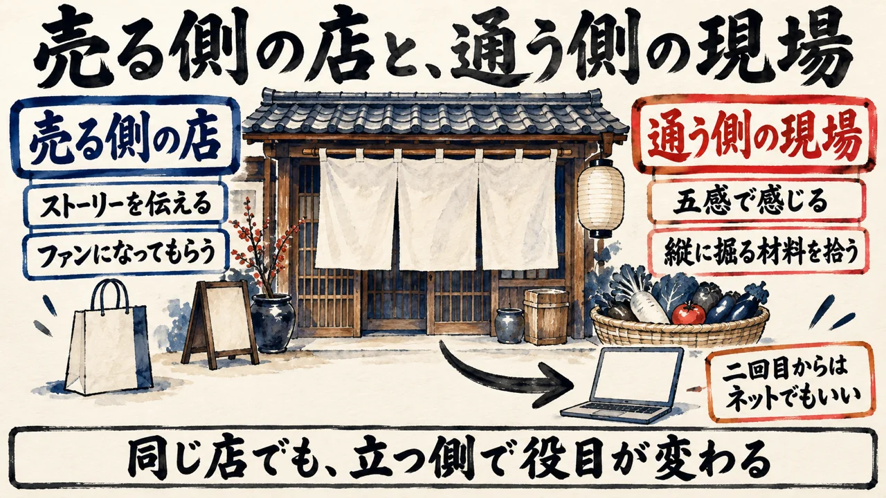一軒の店を、売る側はストーリーを伝えてファンになってもらう場、通う側は五感で感じる現場として見る。二回目からはネットでもいい