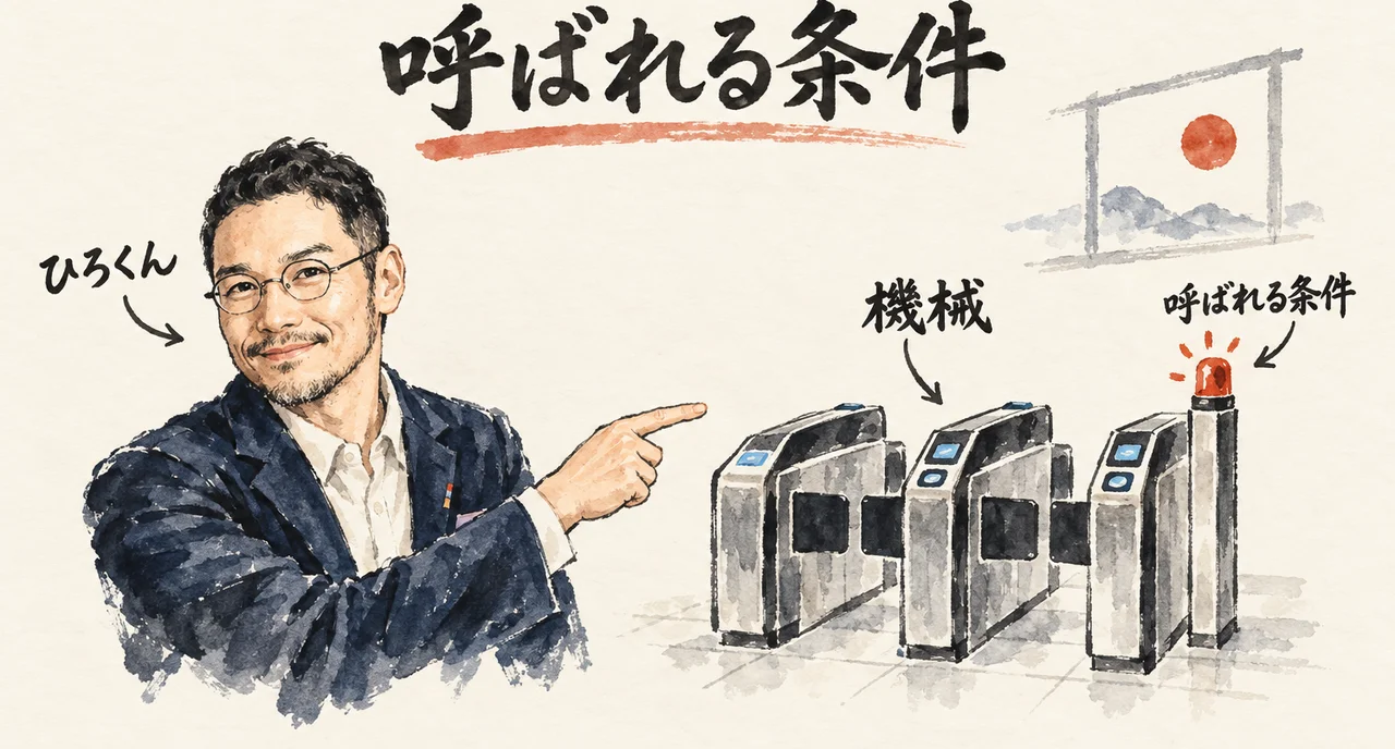 ひろくんが改札機の列を指さす。3台の改札は「機械」、回転灯は「呼ばれる条件」。題字は「呼ばれる条件」