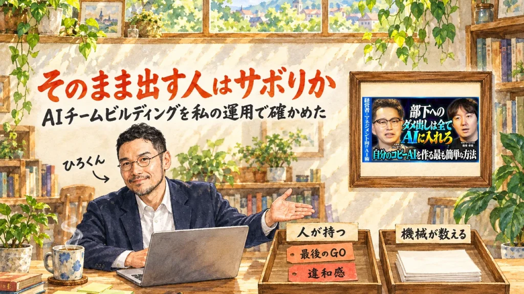 ひろくんが机の上の2つのトレーを指さすアイキャッチ。左は人が持つトレー（最後のGO・違和感）、右は機械が数えるトレー。額縁の中に元動画のサムネイル。題字は「そのまま出す人はサボりか」