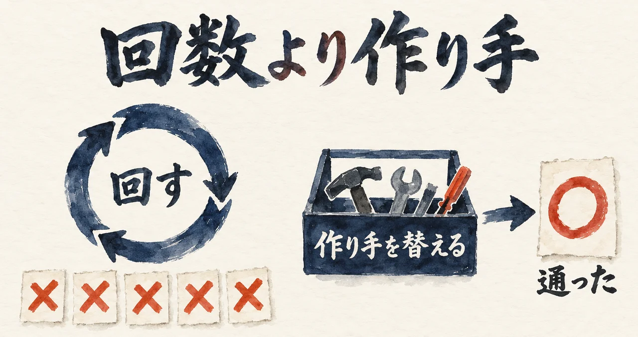 矢印の輪「回す」の下に5枚のバツ札、右に道具箱「作り手を替える」と、通ったことを示す赤い丸の札を並べた図解
