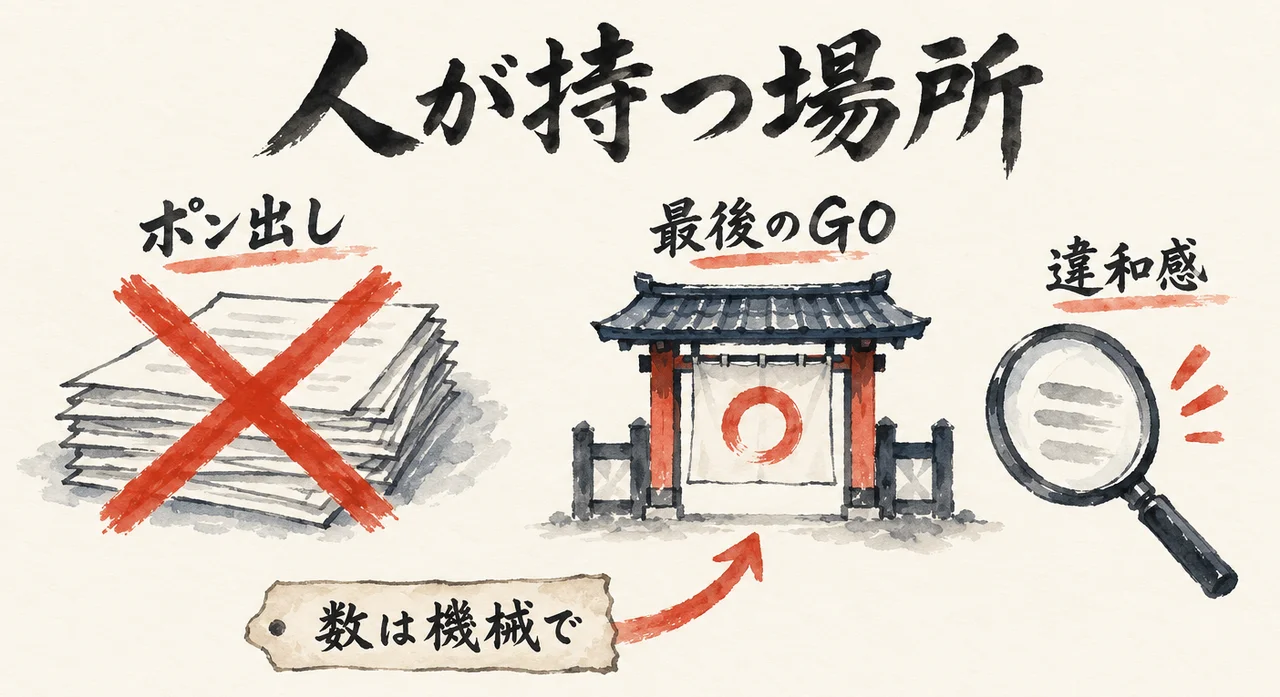 ポン出しの書類の山に赤いバツ。人が持つのは「最後のGO」の門と「違和感」の虫めがねで、「数は機械で」の札が門を指す図解