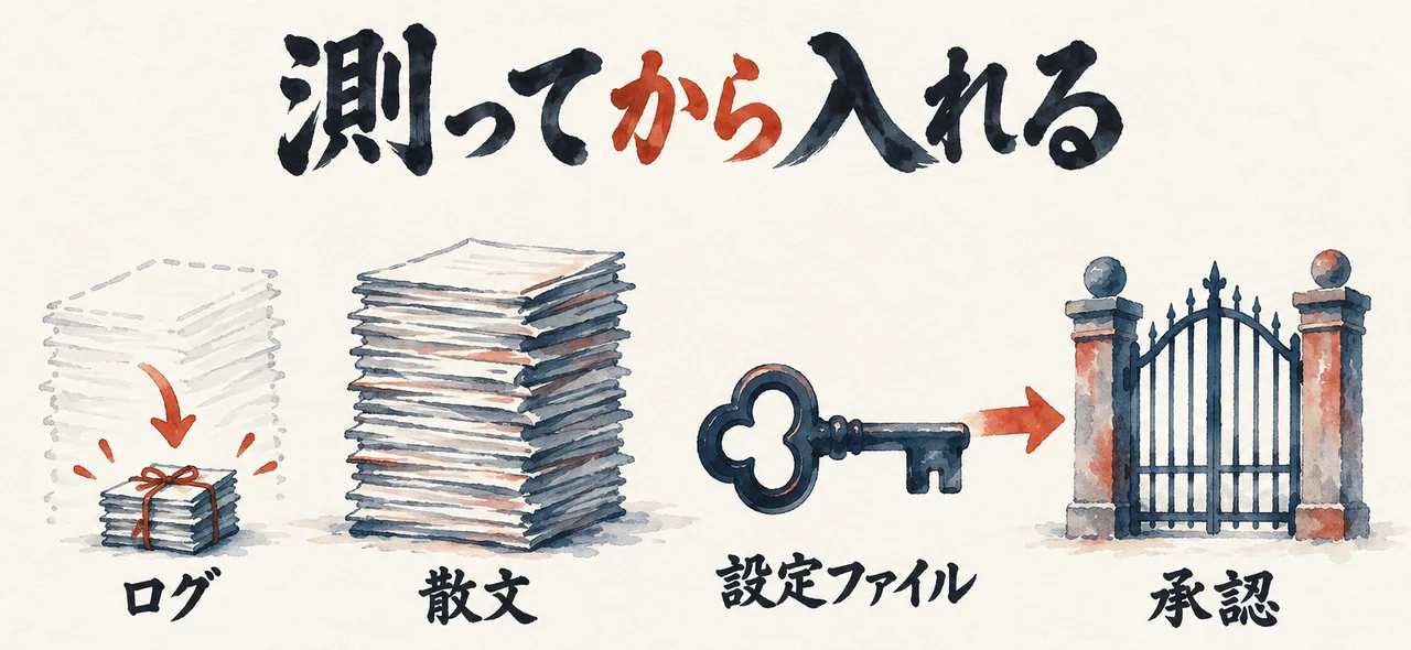 ログの束は小さくなったが散文の山は減らず、設定ファイルの鍵が承認の門へ向かう図解