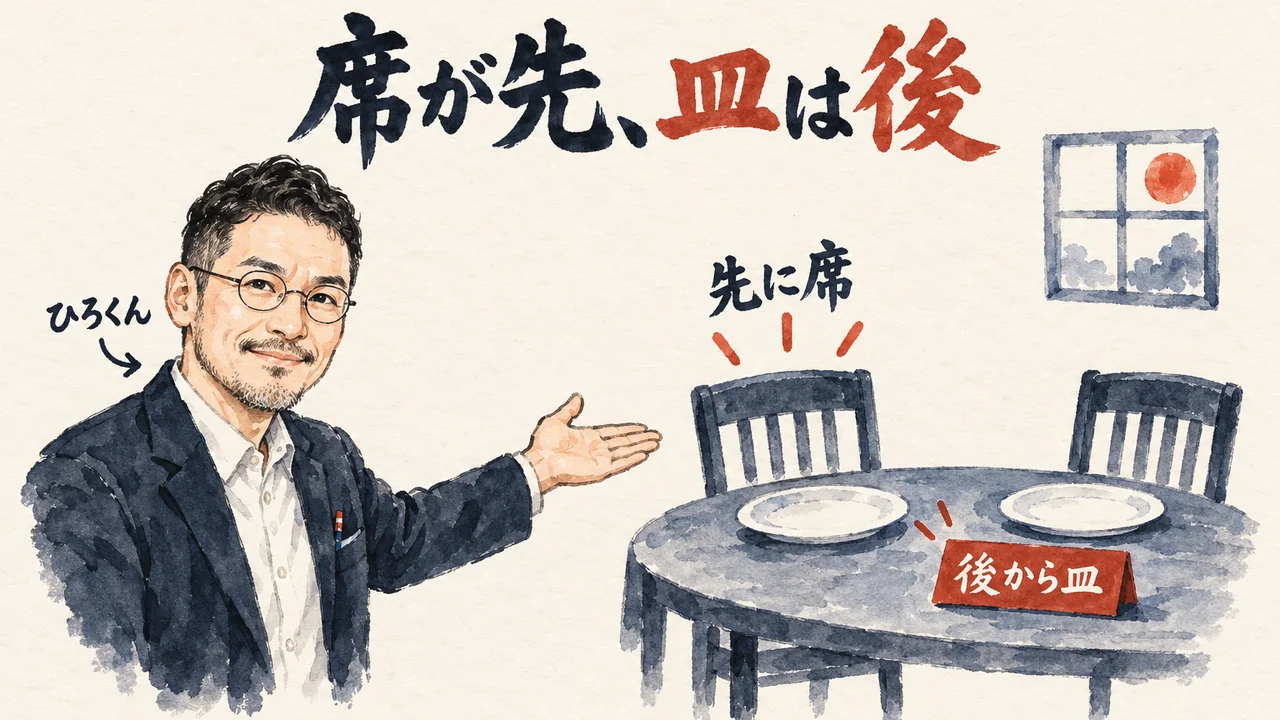 ひろくんが、2つの椅子と空の皿が並ぶ食卓を手で示す図解。「先に席」「後から皿」の札がある。題字は「席が先、皿は後」