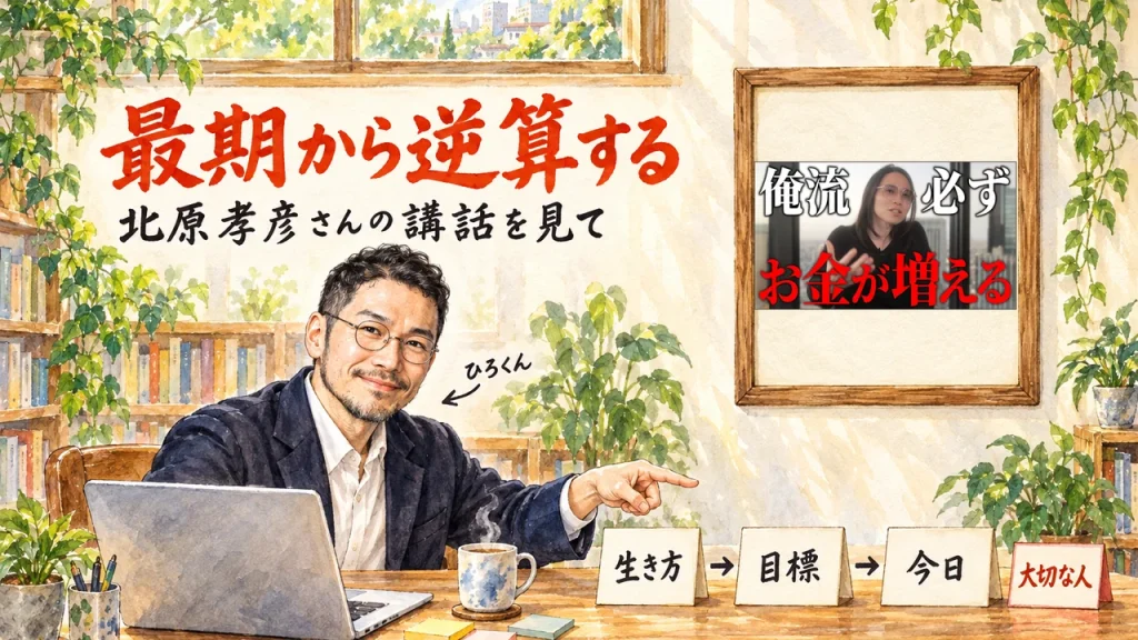 ひろくんが机の前で、「生き方」「目標」「今日」と朱色の「大切な人」の札を指さすアイキャッチ。題字は「最期から逆算する」北原孝彦さんの講話を見て。右上の壁に動画のサムネイル
