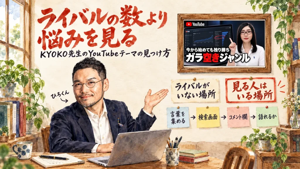 ライバルの数より悩みを見るという筆文字と、言葉を集める・検索画面・コメント欄・語れるかの4つの手順の図の前で、ひろくんが笑顔で紹介している。壁に動画のサムネイル