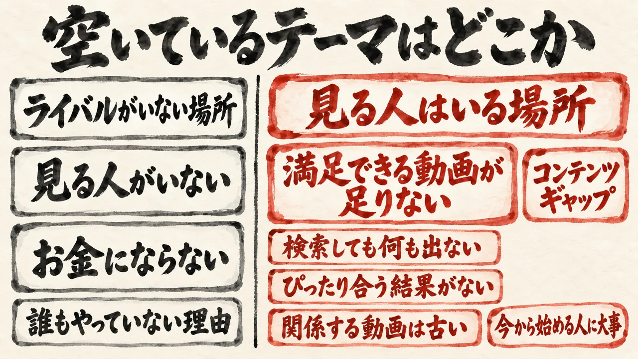 ライバルがいない場所(見る人がいない・お金にならない)と、見る人はいるのに満足できる動画が足りない場所(コンテンツギャップ)を左右に分けた図解