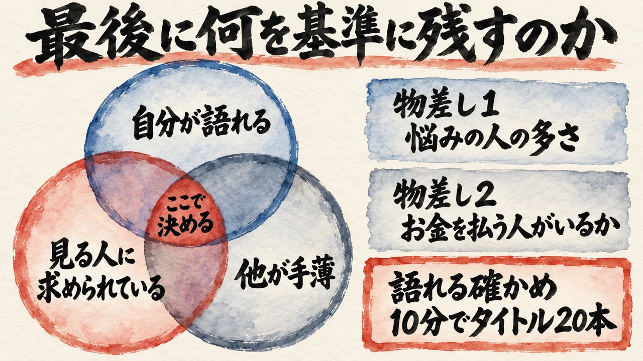 自分が語れる・見る人に求められている・他が手薄の3つの輪が重なる所で決め、2つの物差しと10分でタイトル20本で確かめる図解