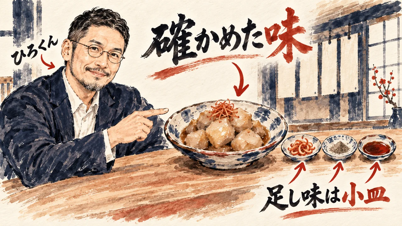 ひろくんが、確かめた味の大皿と足し味の小皿を指して見ているコラム図解