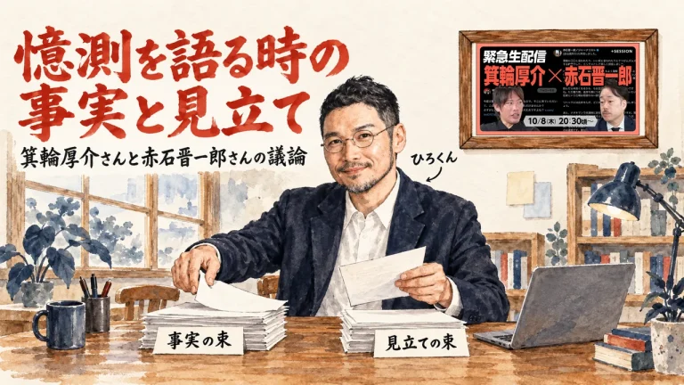 憶測を語る時の事実と見立て。机の上で事実の束と見立ての束に紙を仕分けるひろくん。壁に動画のサムネイル