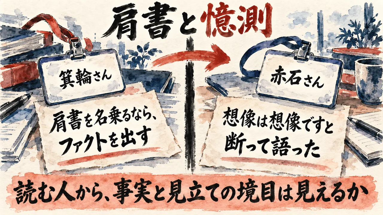 肩書と憶測。肩書を名乗るならファクトを出す、想像は想像と断って語る、の左右対応図