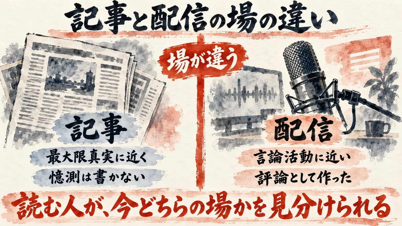 記事と配信の場の違い。記事は最大限真実に近く憶測は書かない、配信は言論活動に近い評論として作る