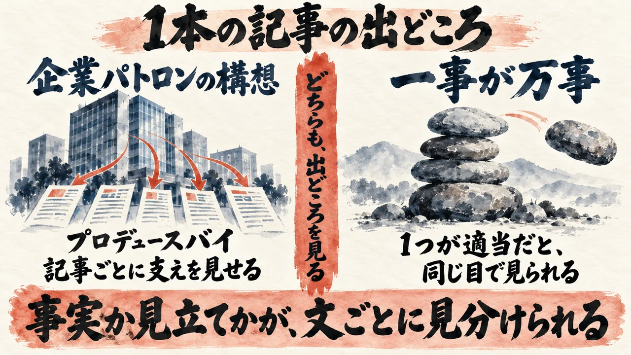 1本の記事の出どころ。企業パトロンの構想と、1つが適当だと同じ目で見られる一事が万事の対比