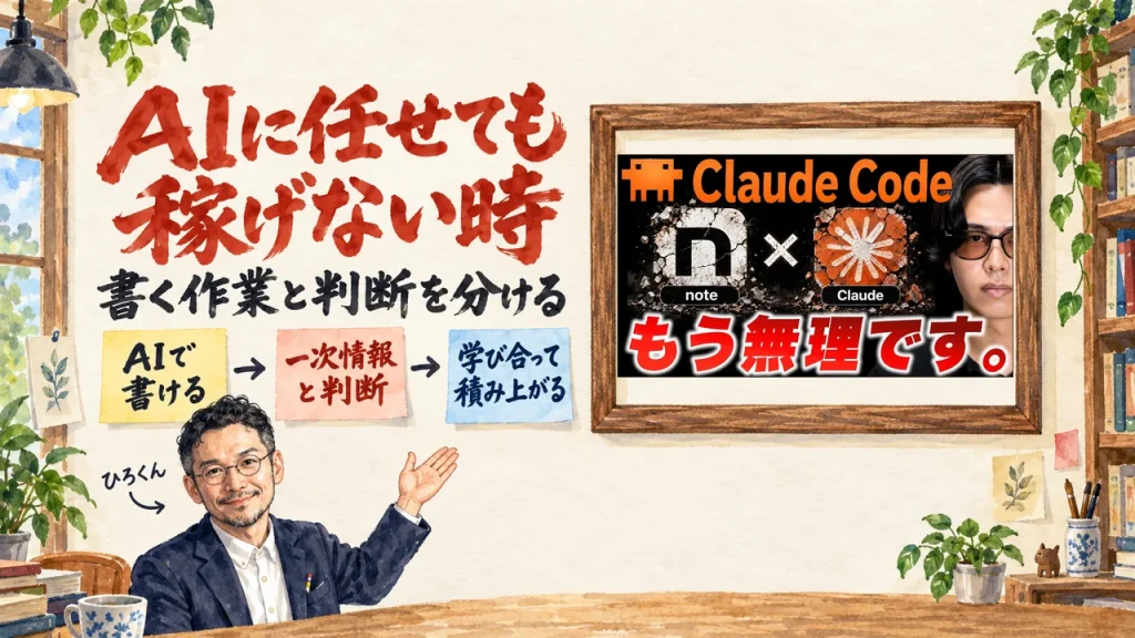 アイキャッチ: AIに任せても稼げない時、書く作業と判断を分ける。左に3枚の付箋と小さなひろくん、右の額縁にむっちょさんの動画のサムネイル