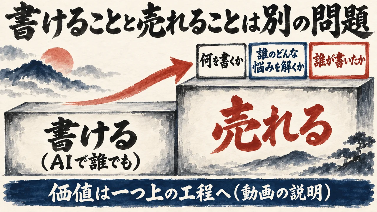 図解: 書けるは低い段、売れるは高い段。何を書くか、誰のどんな悩みを解くか、誰が書いたかが売れる側にある