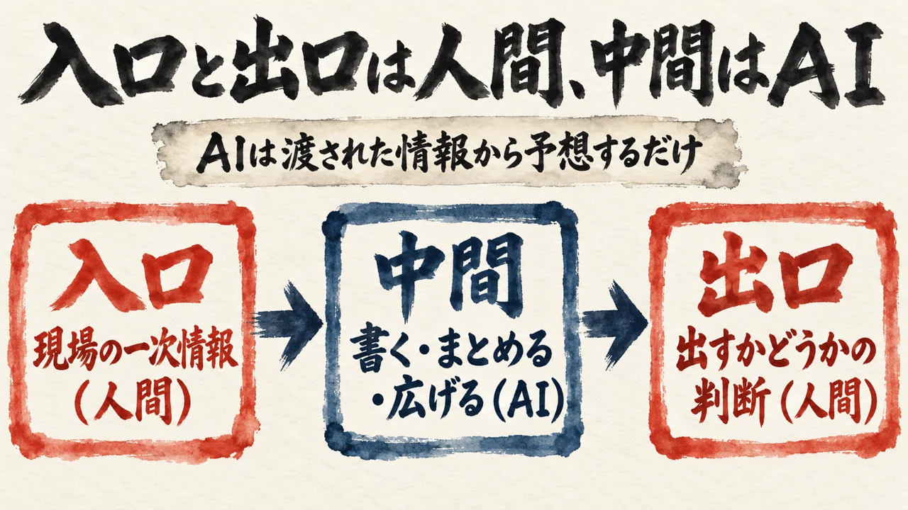 図解: 入口の現場の一次情報と出口の出すかどうかの判断は人間、中間の書く・まとめる・広げるはAI