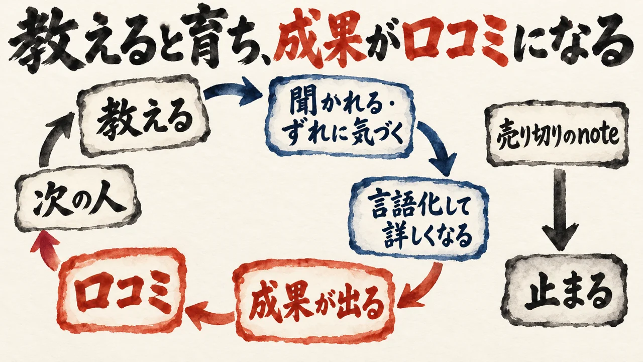 図解: 教える、聞かれてずれに気づく、言語化して詳しくなる、成果が出る、口コミ、次の人へと回る。売り切りのnoteは1本の矢印で止まる