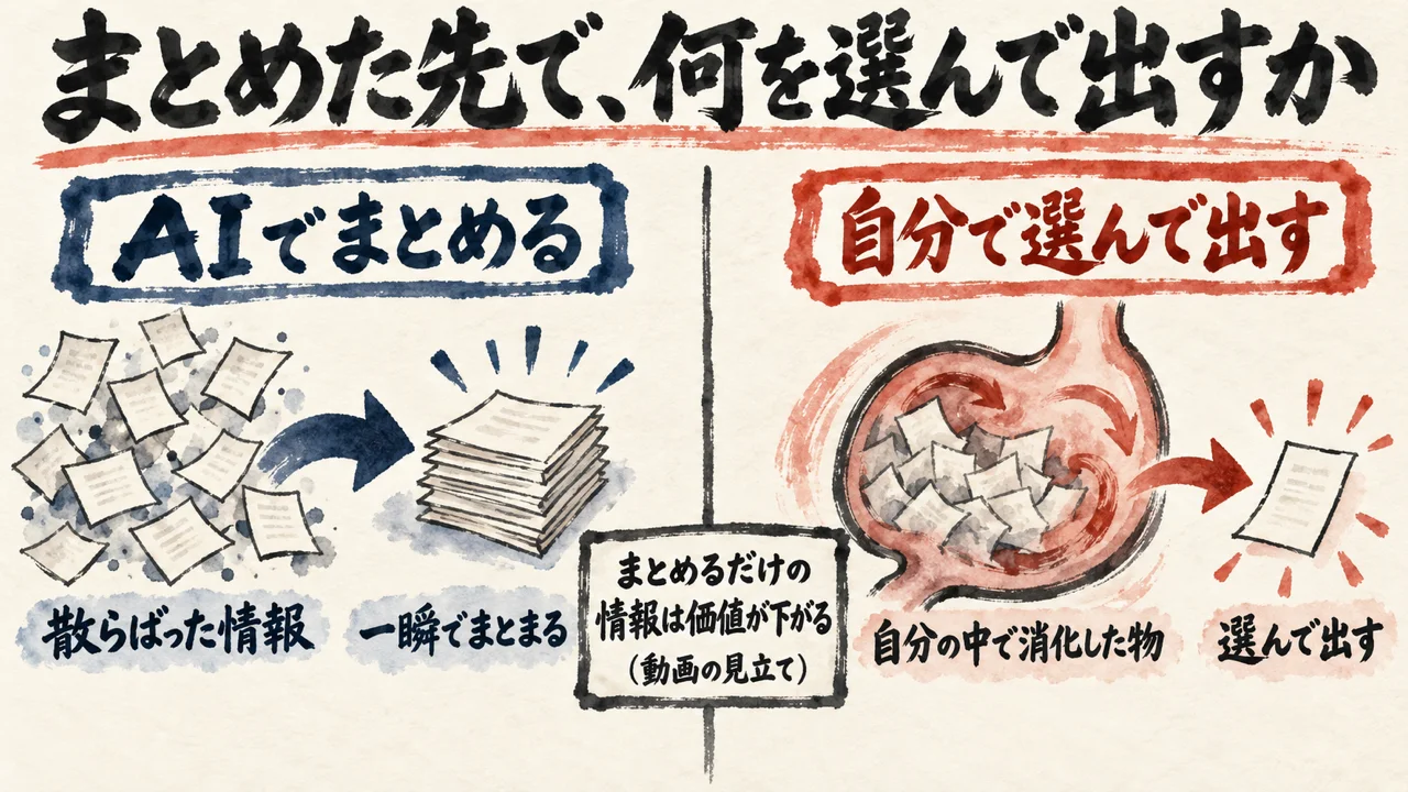 図解: AIでは散らばった情報が一瞬でまとまる。自分の中で消化した物から選んで出す