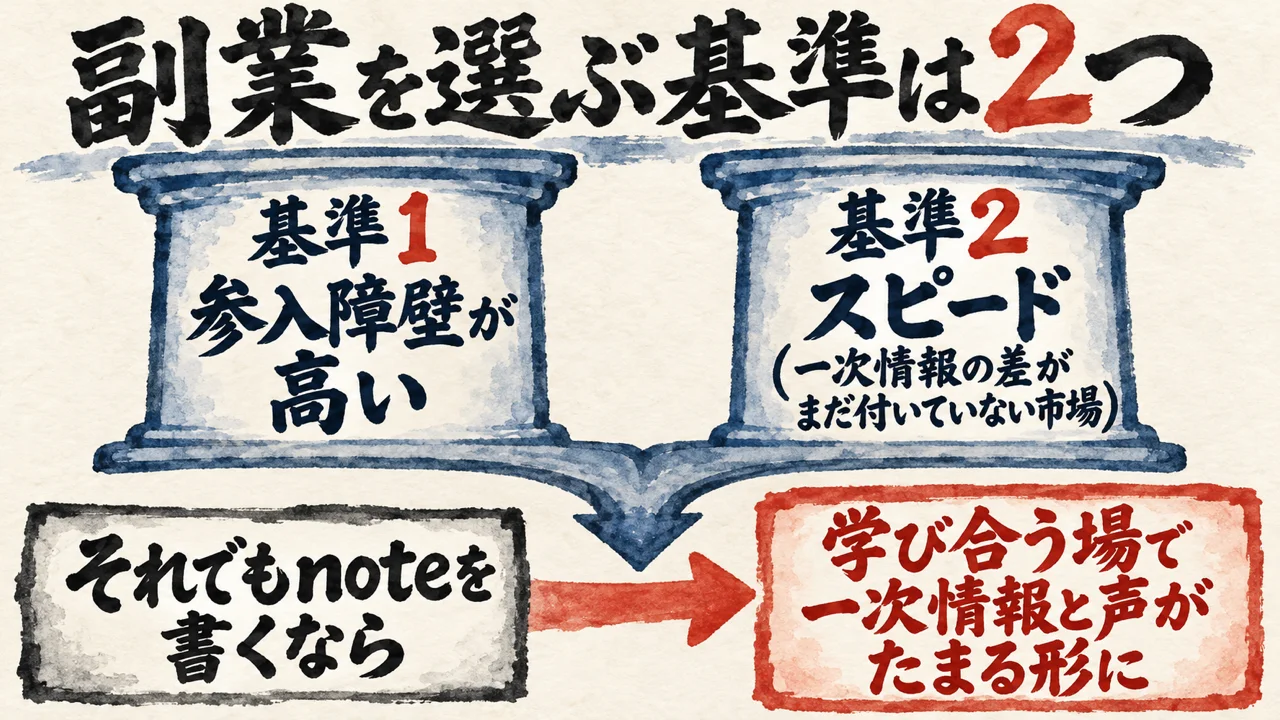 図解: 副業を選ぶ基準は、参入障壁が高いことと、スピード。それでもnoteを書くなら学び合う場で一次情報と声がたまる形に