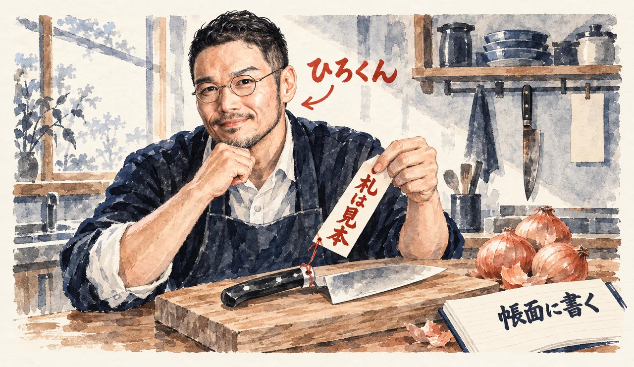エプロン姿で「札は見本」の札を手に、包丁とまな板の前で話すひろくん