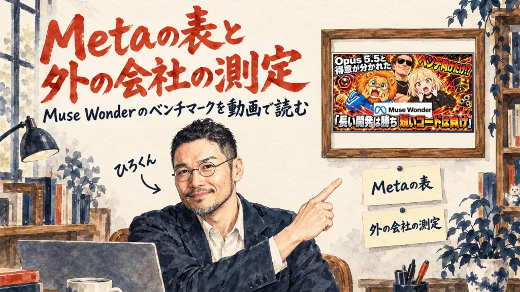 Metaの表と外の会社の測定を分けて読む、と指さして伝えるひろくん。壁に動画のサムネイル